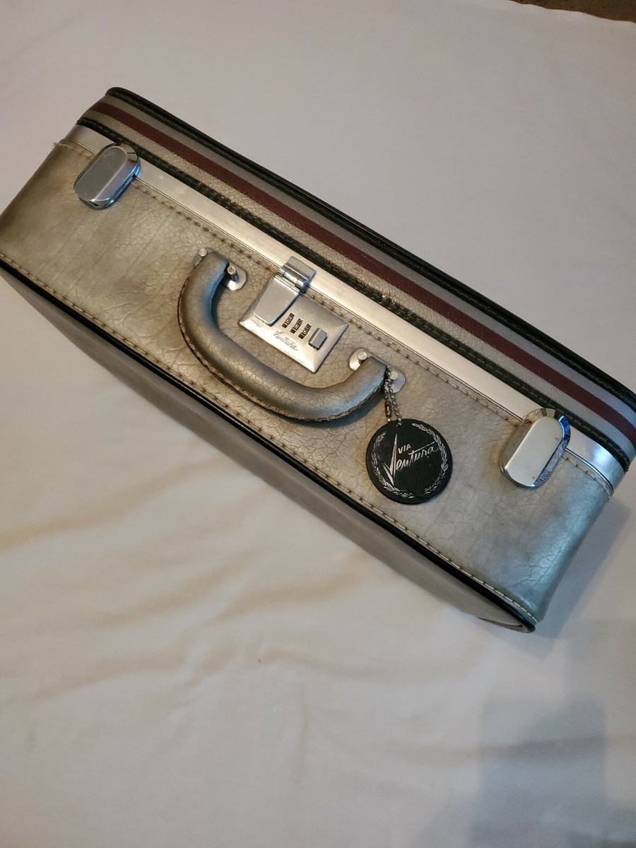 Vtg '70s Via Ventura Hard Suitcase 21x13x7 Gray /Red Stripe