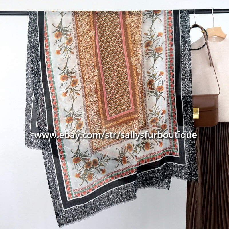 Sallys 200s Cashmere Scarf Shawl Vintage Print Soft Light 78x39 Inches