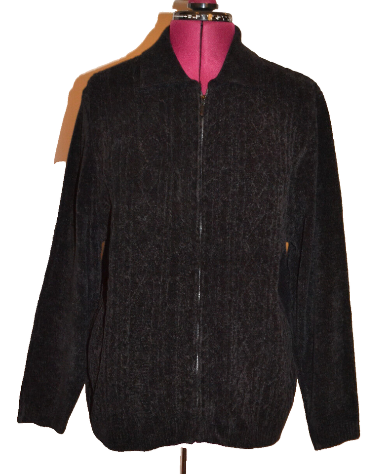 Alfred Dunner NWT Chenille Cable knit black long sleeve zip sweater