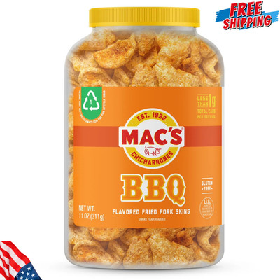 New Mac's Chicharrones BBQ Flavored Crispy Fried Pork Skins, 11 oz Canister