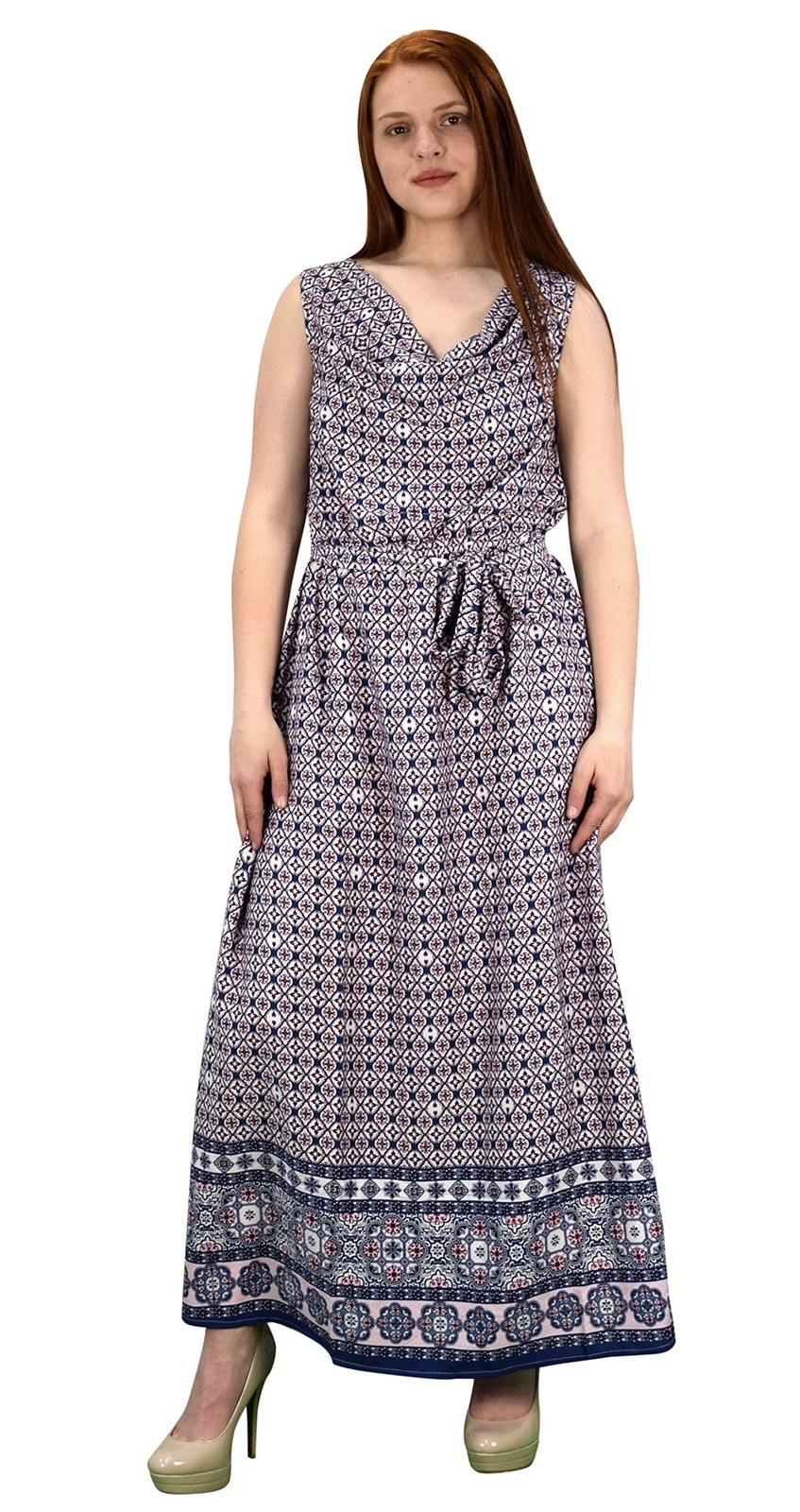 Summer Maxi Dress Cowl Neck Sleeveless Bow Belt Party Blue Burgundy Medium