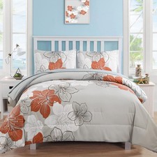 Floral Comforter Set King Size, Terracotta Floral Pattern Printed on Light Grey,