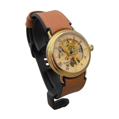 Stauer Automatic Skeleton Gold Dress Watch Synthetic Brown Bracel Roman Numerals