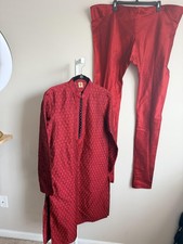 New Manyavar Kurta Pajama 2-pc Set Mens Large 40 Marooon Silk Wedding Party NWT