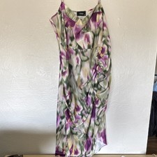 Cider 2XL Satin Abstract Floral Ruched Slip Dress Purple Green V-Neck