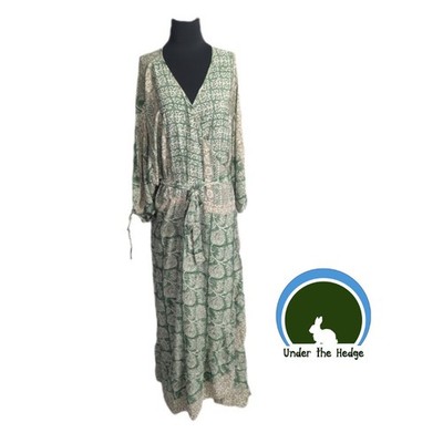 Green & Beige Recycled Silk Blend Wrap Maxi Sari Dress Goddess Plus Size Boho Q1