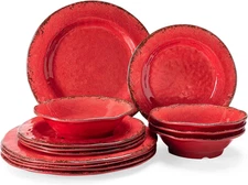 Farmhouse Plates and Bowls Set, 12 Piece Christmas Melamine Dinnerware Sets for