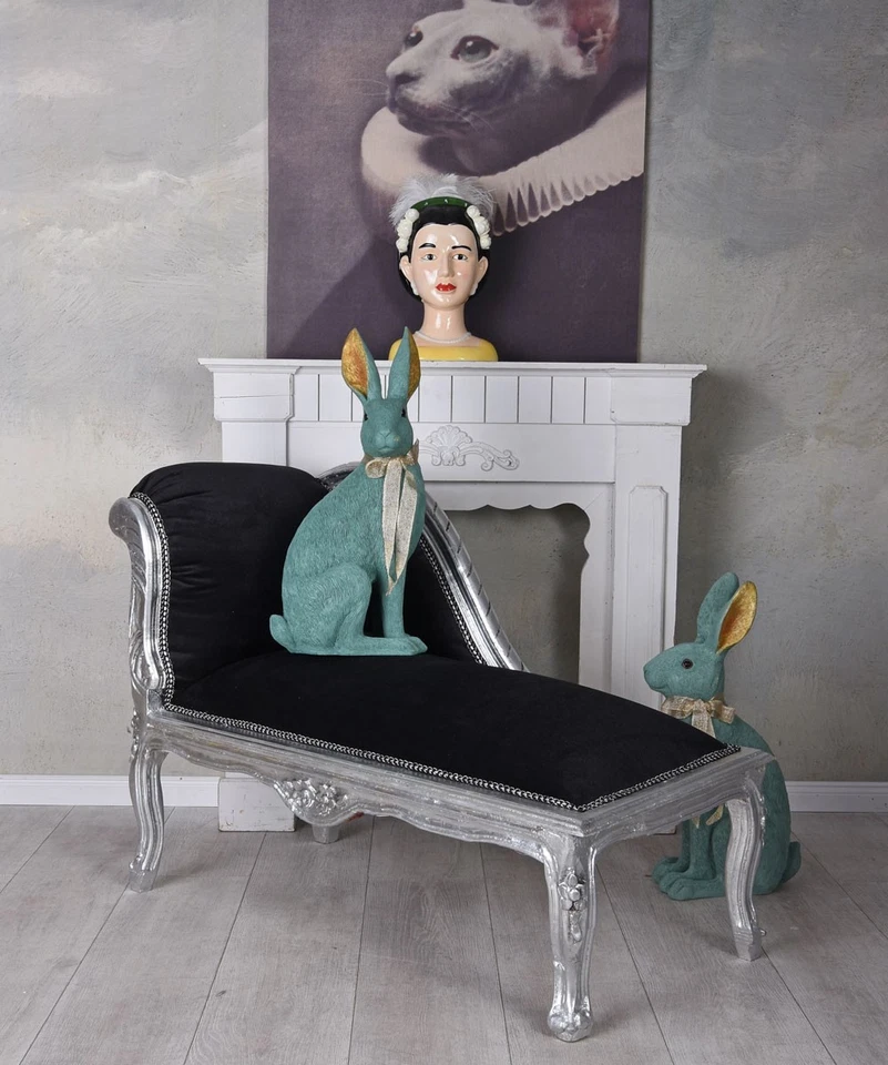 Sofabank Polsterbank Schwarz Ottomane Silber Sitzbank Barock Hocker Sitzhocker - Bild 3 von 4