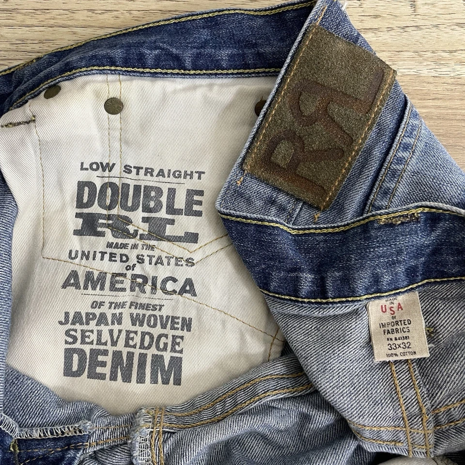 Jeans de mezclilla doble RL RRL Ralph Lauren ribete recto Japón 33x32 (ajuste 36x33) Foto 3 de 4