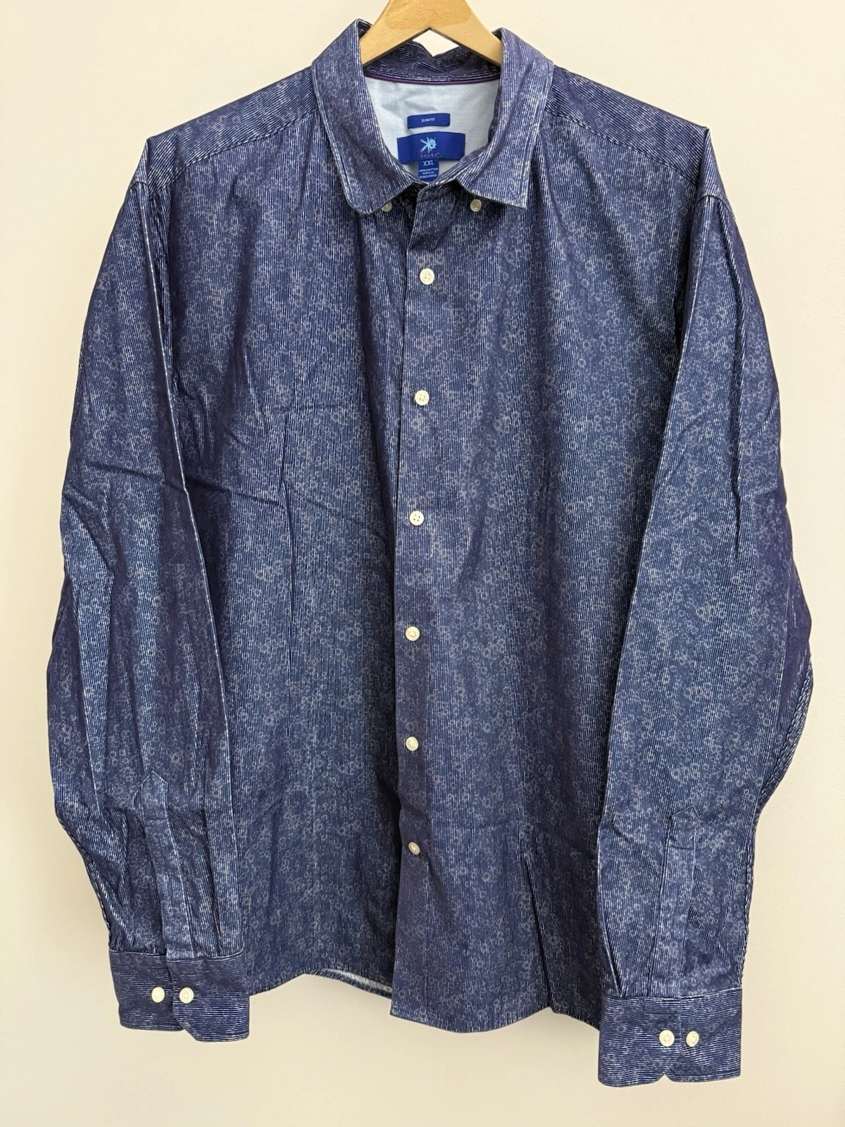 Egara Button Down Shirt Men L Blue Slim Floral Metal Purple Sheen Corduroy XXL
