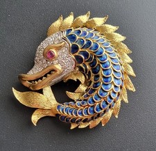 Vintage 18K Gold Diamond Ruby Blue Enamel Fish Brooch Pin