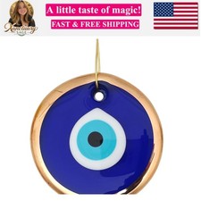 3.5" Glass Blue Evil Eye Wall Hanging Gold Ornament - Turkish Nazar Bead - Ho...