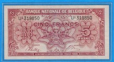 A2 - Belgium 5 Francs 1943 Uncirculated Banknote P. 151 SN: U1-319850