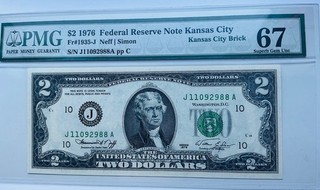 Banconota da 2 dollari 1976 US PMG 67 superba gemma non circolata Kansas City