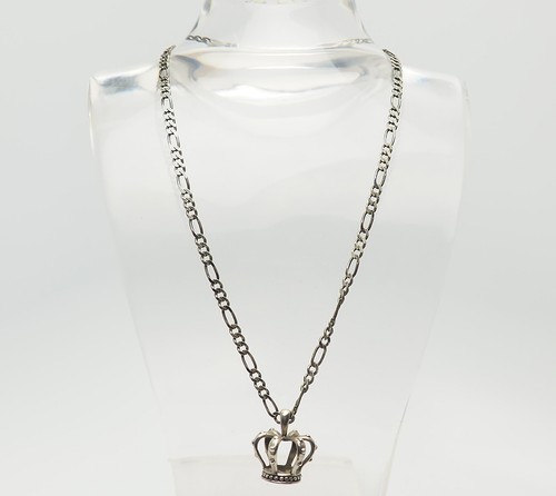 Vintage sterling silver goth biker fun crown pendant chain necklace