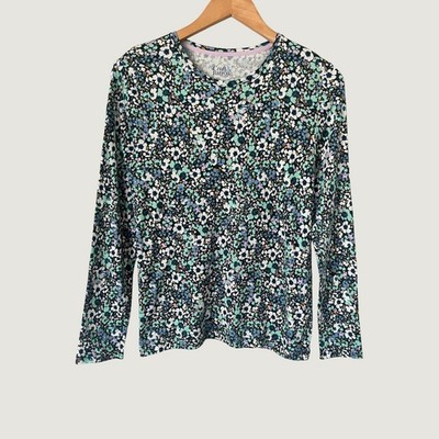 Croft & Barrow Womens Petite PS Floral Long Sleeve Classic Tee Cotton Blue Green