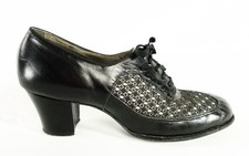 Rare Size 10 VtG 30s-40s WW2 Era Black Leather Spectator Hi-Vamp Lace-Up Heels