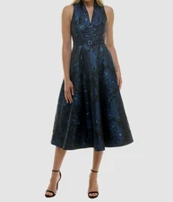 Taylor Women's Blue Metallic Floral Jacquard Sleeveless Fit & Flare Dress Size 6