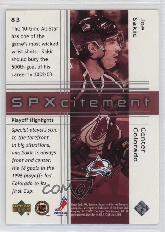 2002-03 SPx Spectrum Silver /199 Joe Sakic #83 HOF - Image 2 of 2
