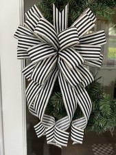 Handmade Large Ivory Black Stripe Gold Edge Bow for Fall or Christmas Wreath
