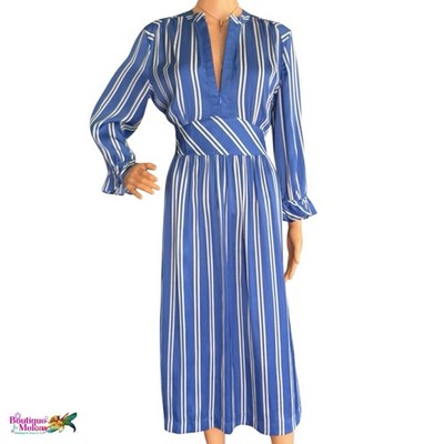 Scotch & Soda Blue White Striped Long Sleeve Midi Dress Sz M Belted V Neck Boho