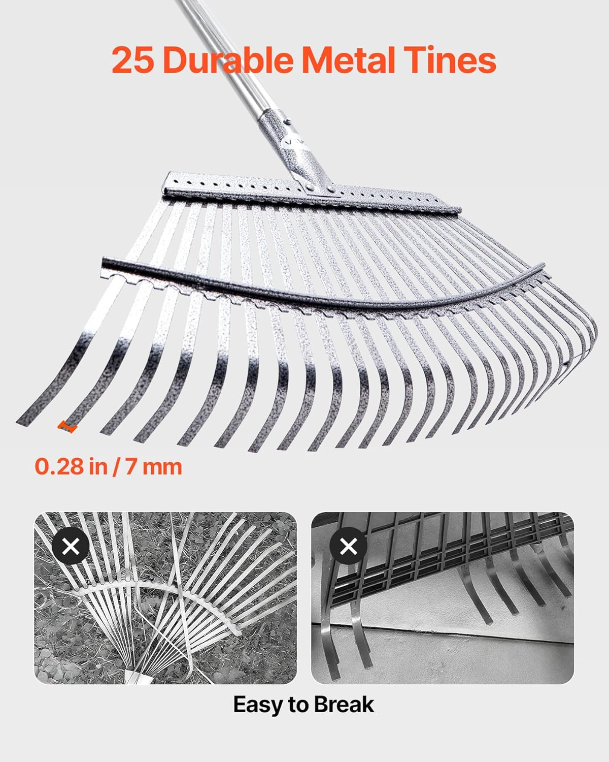 Leaf Rake, 25 Metal Tines, Adjustable Garden Rake for Lawns with 18.3 Inch Wide