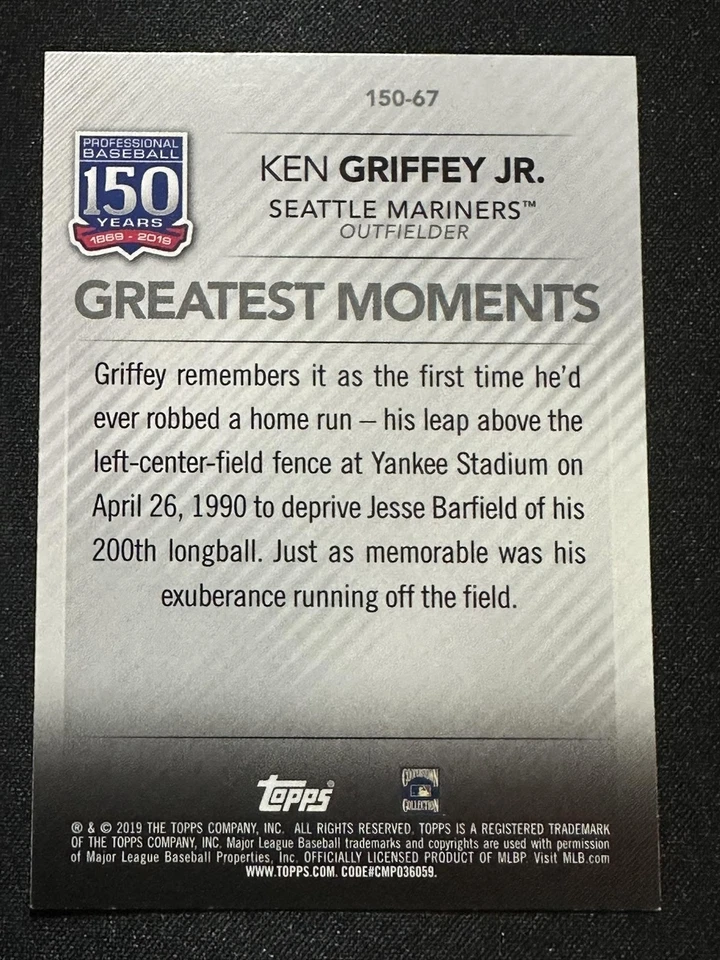 2019 Topps Update #150-67 Ken Griffey Jr. 150 Years of Professional Baseball - Image 2 of 2