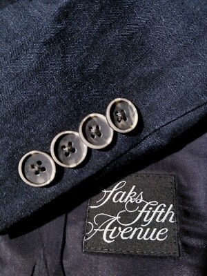 44R 44S SAKS semi-glossy blue black cotton Linen Herringbone tweed dinner Jacket