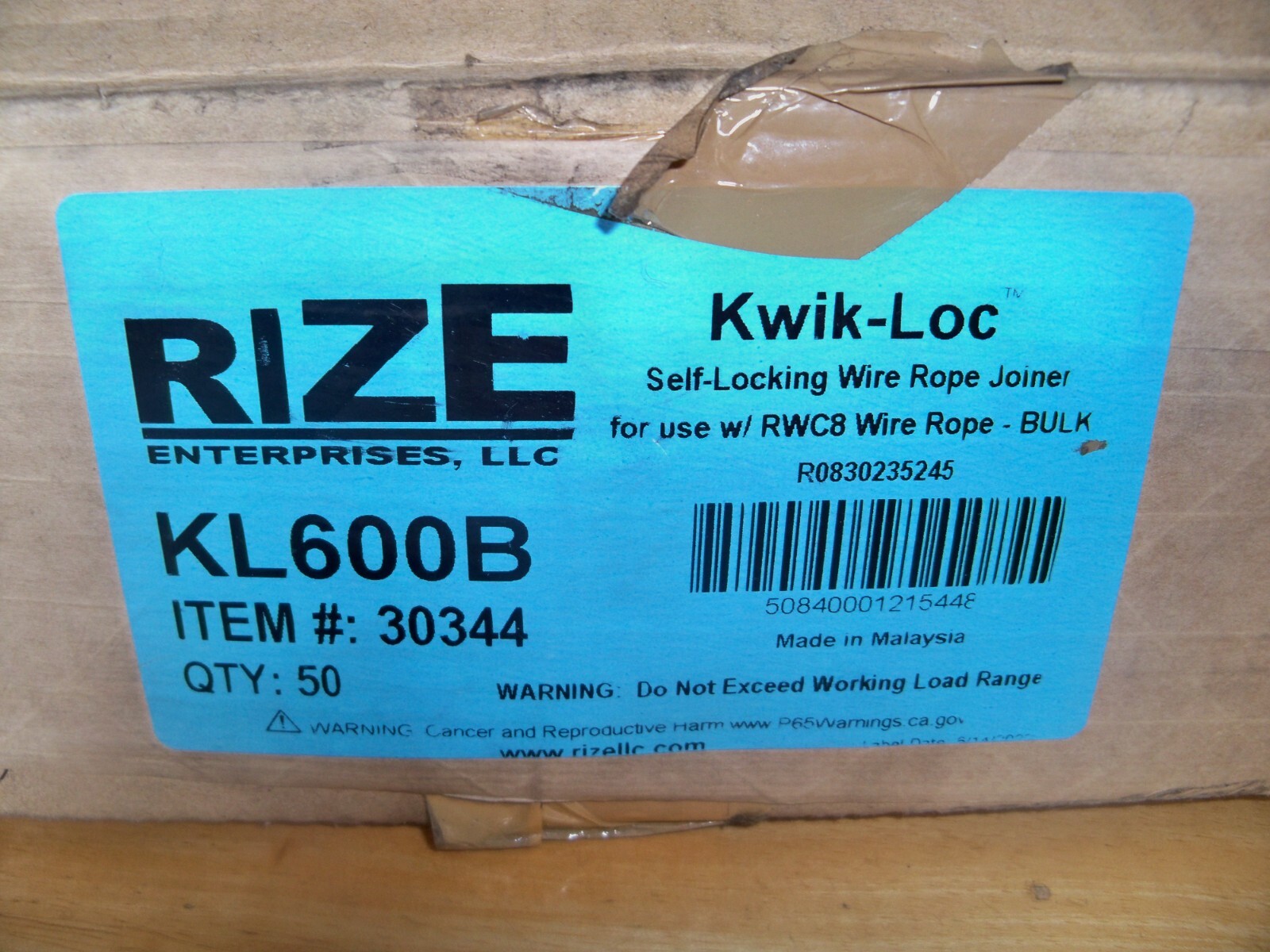 Lot Of 3 -- RIZE KWIK-LOC -- KL600 -- KL600B 30344 -- Wire Rope Joiner RWC8
