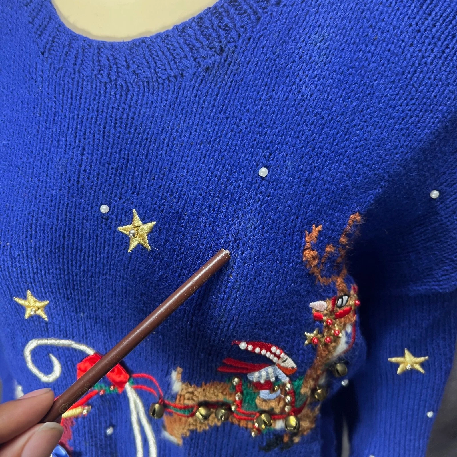 VTG Marisa Christina Ugly Christmas Sweater Womens L Blue Santa Sleigh Rudolph