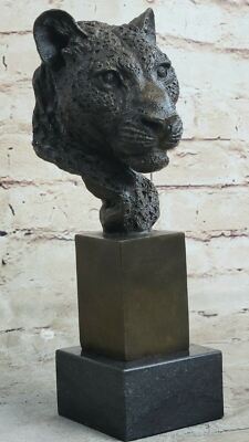 AFRICAN COUGAR PUMA BRONZE SCULPTURE BUST SIGNED ART DECO MARBLE BASE ARTWORK