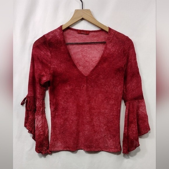 Ent Tie Dye V-Neck Blouse Women's M Red Bobo Retro 90s Y2K Grunge Rockabilly
