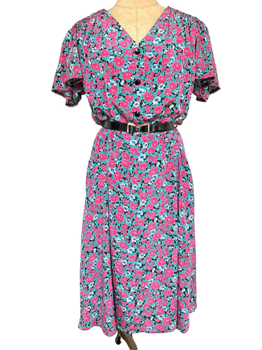 Vintage Kleid Blumenmuster rosa grün schwarz voller Rock Passform modern 12 14 - Bild 2 von 12