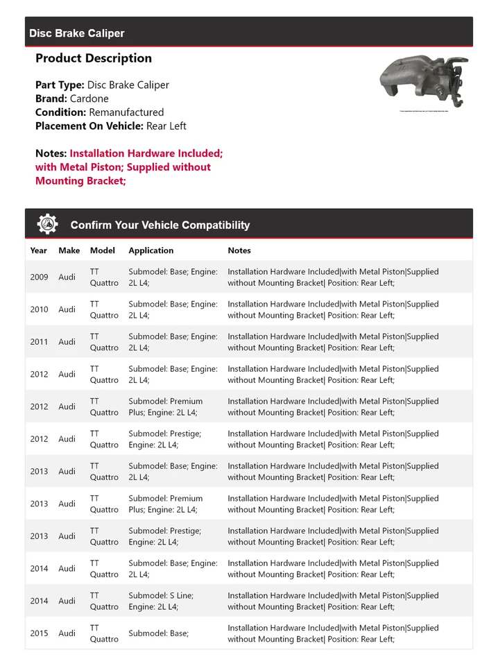 Pinza de freno de disco trasera izquierda cardone 2010 2011 para Audi TT Quattro 2009-2015 Foto 2 de 4