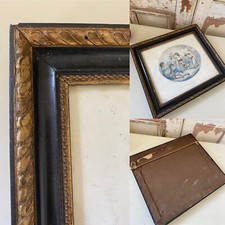 c1850/1900s Victorian Old Distressed FRAME Black Gold Original Glass & Etching