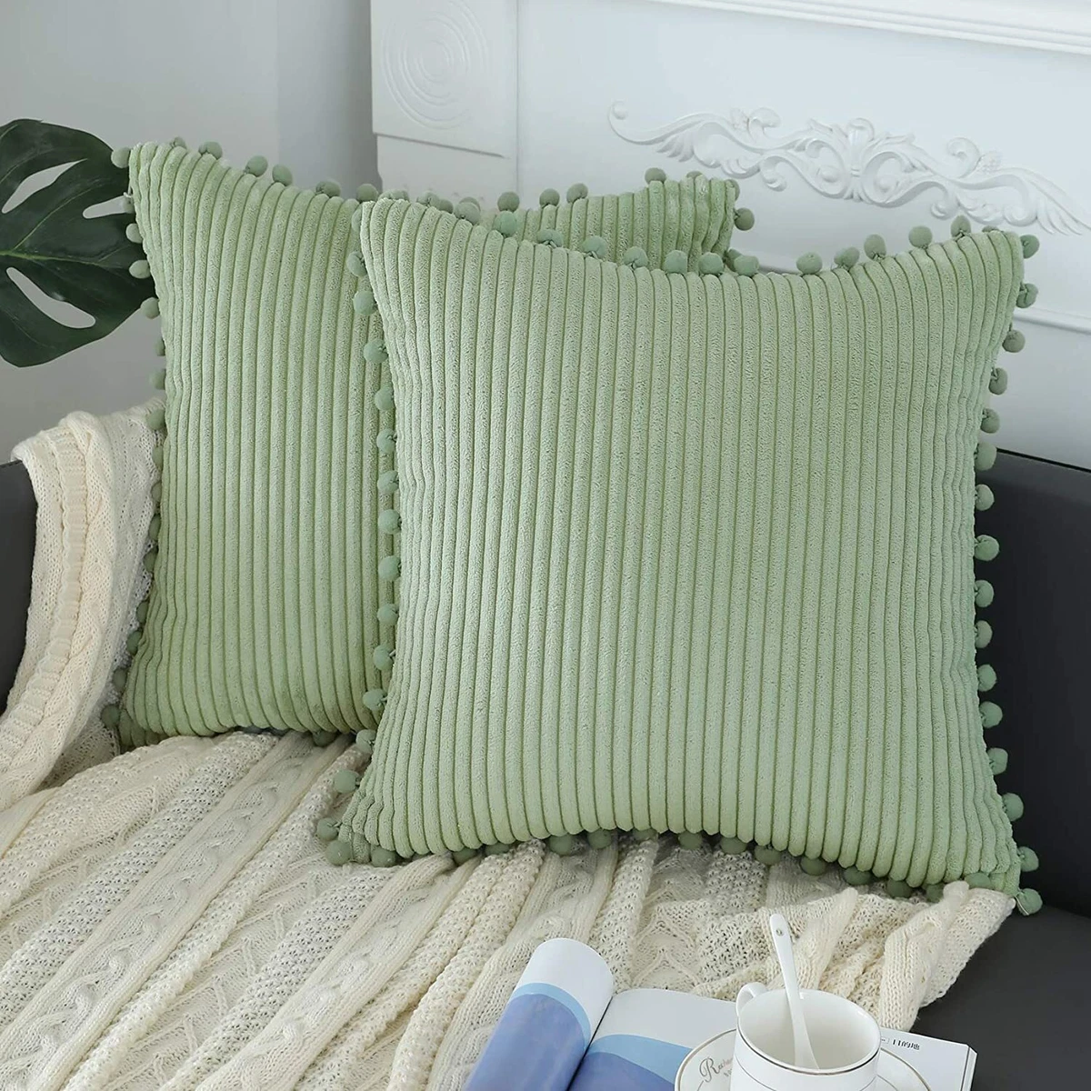 sykting Sage Green Pillow Covers 18x18 inch Soft Striped Boho Farmhouse  Decorati