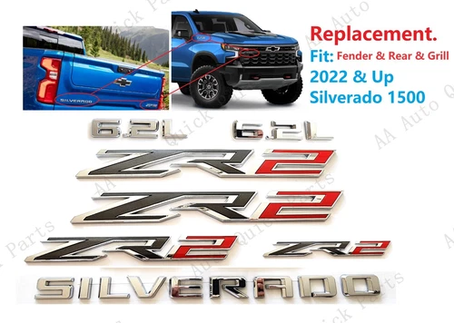 7PCS Chrome Red Fender Rear Grill ZR2 6.2L Silverado Emblems 2022+Silverado 1500