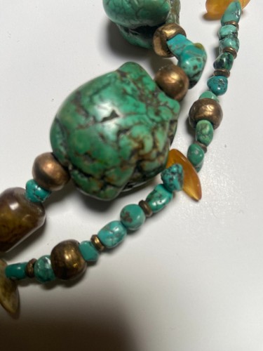 Turquoise, Raw Amber and Shell Necklace With Brass Beads - Picture 7 of 9