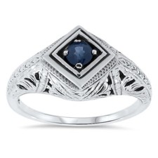 ART DECO STYLE GENUINE SAPPH. 925 STERLING SILVER SOLITAIRE FILIGREE RING 059