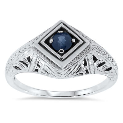 ART DECO STYLE GENUINE SAPPH. 925 STERLING SILVER SOLITAIRE FILIGREE RING #059