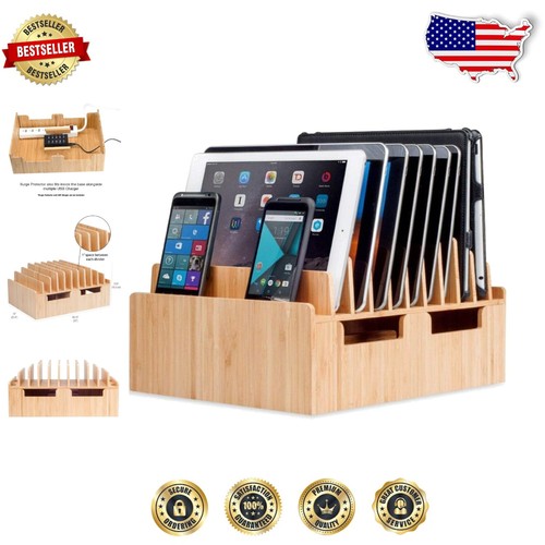 Eco-Friendly Bamboo 10-Port Charging Station for Home & Office Device Management
