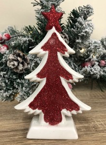 Immagini Di Natale Glitter.Ceramica Bianca Albero Di Natale Con Rosso Glitter Natale Tavola Ornamentale 81r8069 Ebay