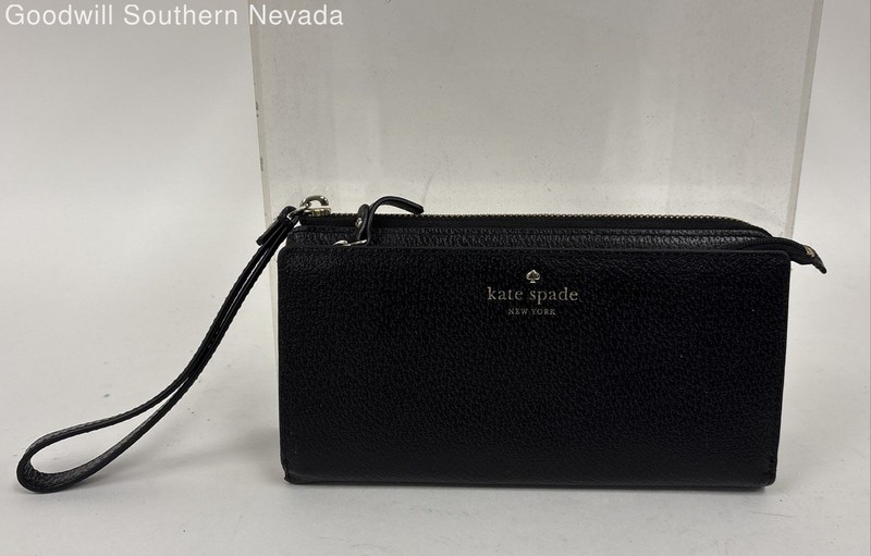 Kate Spade Black Pebbled Leather Double Zip Wristlet Wallet Gold Hardware