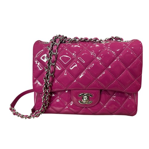 Authentic Chanel Pink Patent Double Flap Bag Medium Silver HW