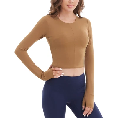 T-shirt de sport Fitness pour Femme Manches Longues Respirant Marron L - Photo 1/4