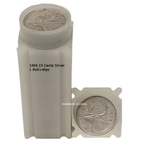 1968 1 Roll of Canada silver 25 Cents Quarters Circulated 40 pcs