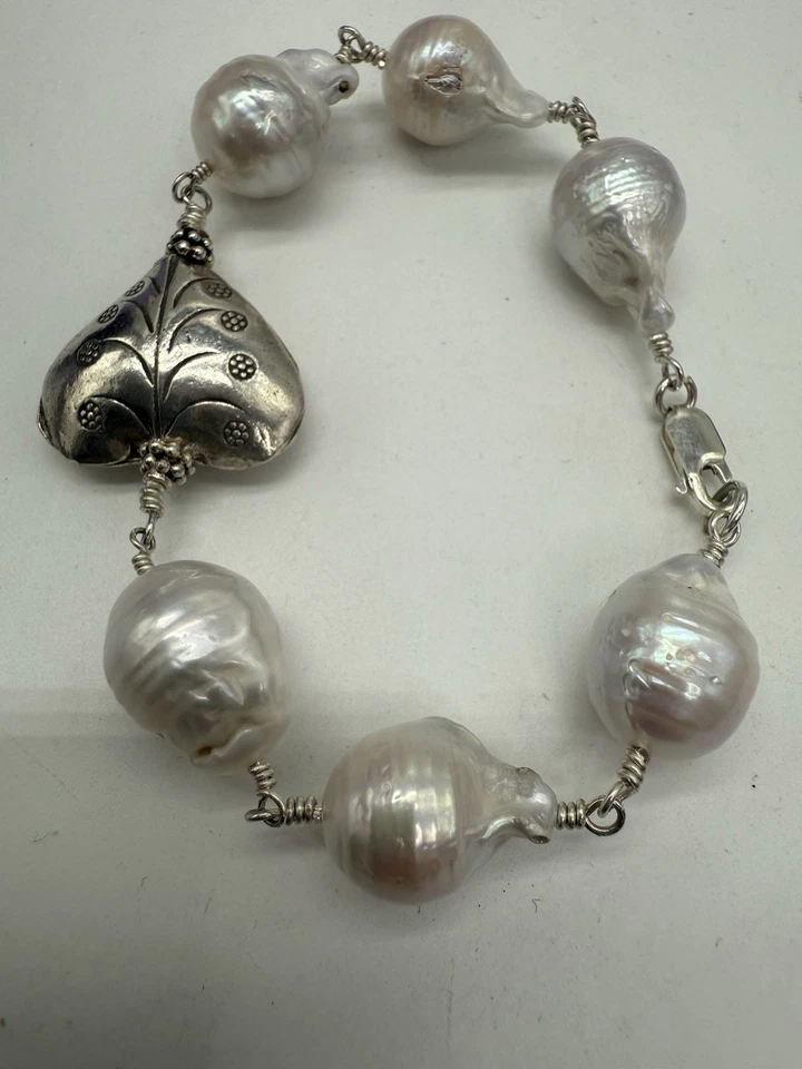 Pulsera de plata de ley 925 corazón y perlas barrocas talla 8 hecha a mano 25,28 g ☼ Foto 3 de 4