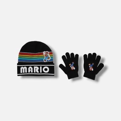Mario Kid Boy's Black Rib-Knit 2-Piece Hat & Gloves Set Size OSFA