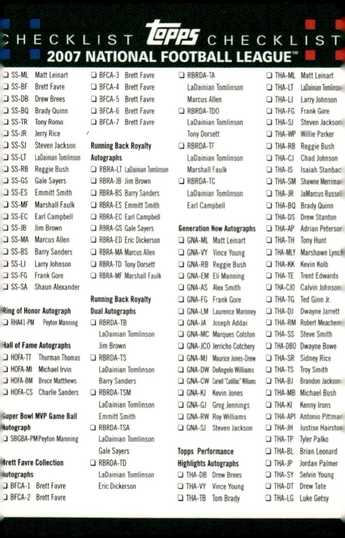 Topps 2007 Topps Checklist: Inserts NFL