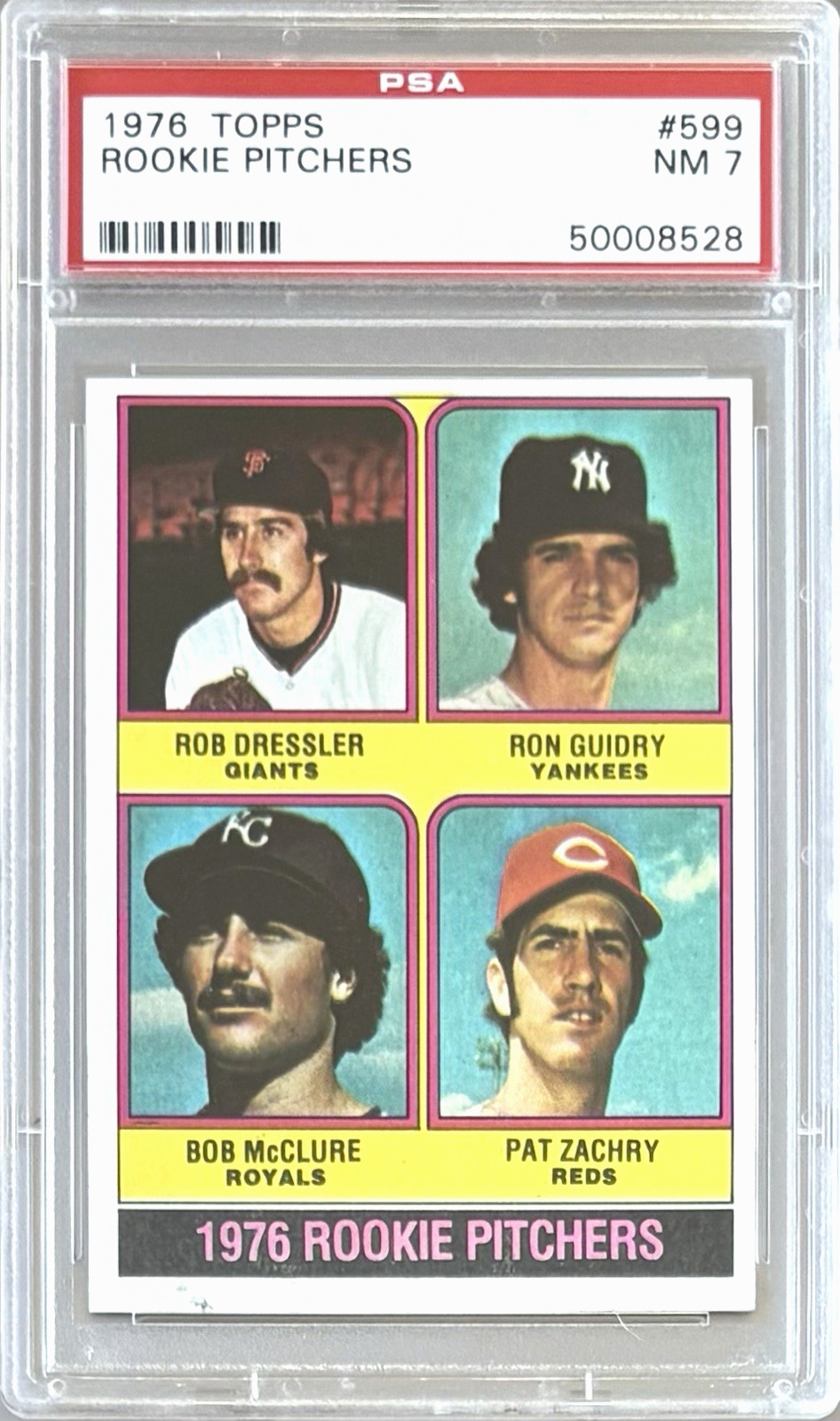 1976 TOPPS #599 RON GUIDRY, BOB McCLURE, PAT ZACHRY PSA 7 NM ROOKIE PITCHERS